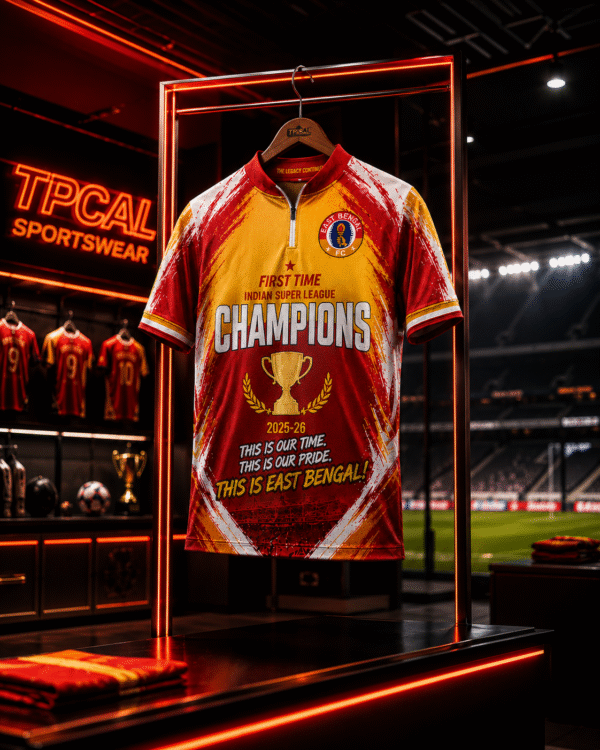 East Bengal ISL Champions 2025-26 Premium Zip Collar T-Shirt – Silicone Logo | Sublimation Print | Sports Fabric